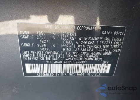 2024 Subaru Outback Onyx Edition из США, поврежденный, VIN 4S4BTALC5R3255391